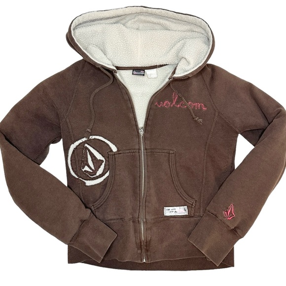 Vintage 2000s Volcom Chocolate Brown Fleece Hooded Zip Up Sweater - Picture 6 of 7